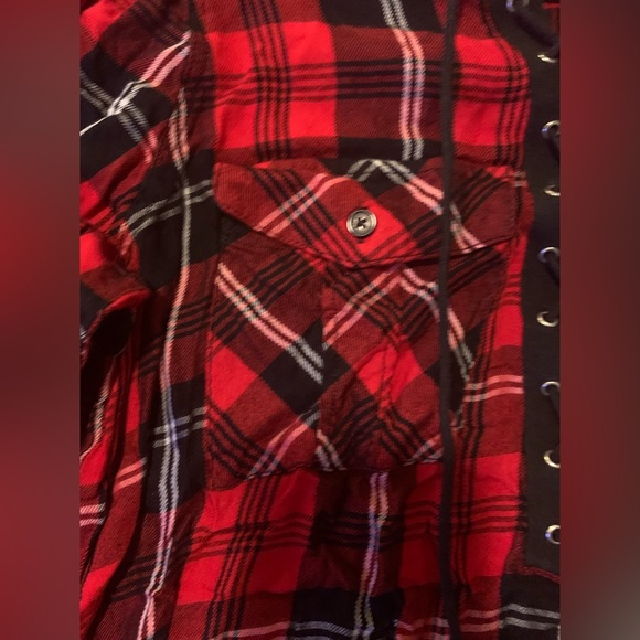 Red and black lace up top. EUC. Size small. - Picture 6 of 11